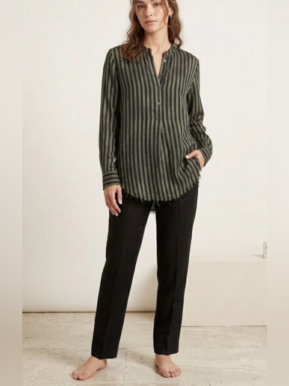 Raquel Allegra Barneys New York Silk Striped Henley Blouse